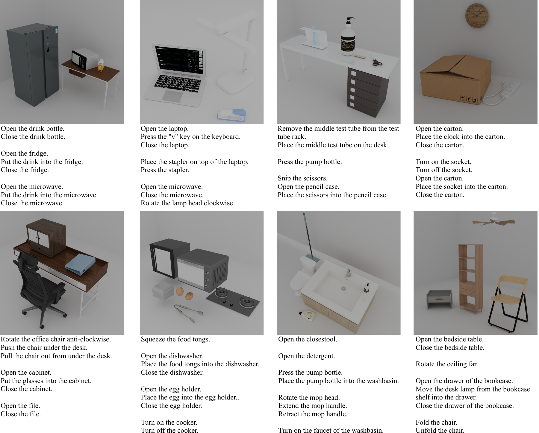 Examples of NeoWorld-Pro benchmark scenes with their corresponding manipulation tasks.